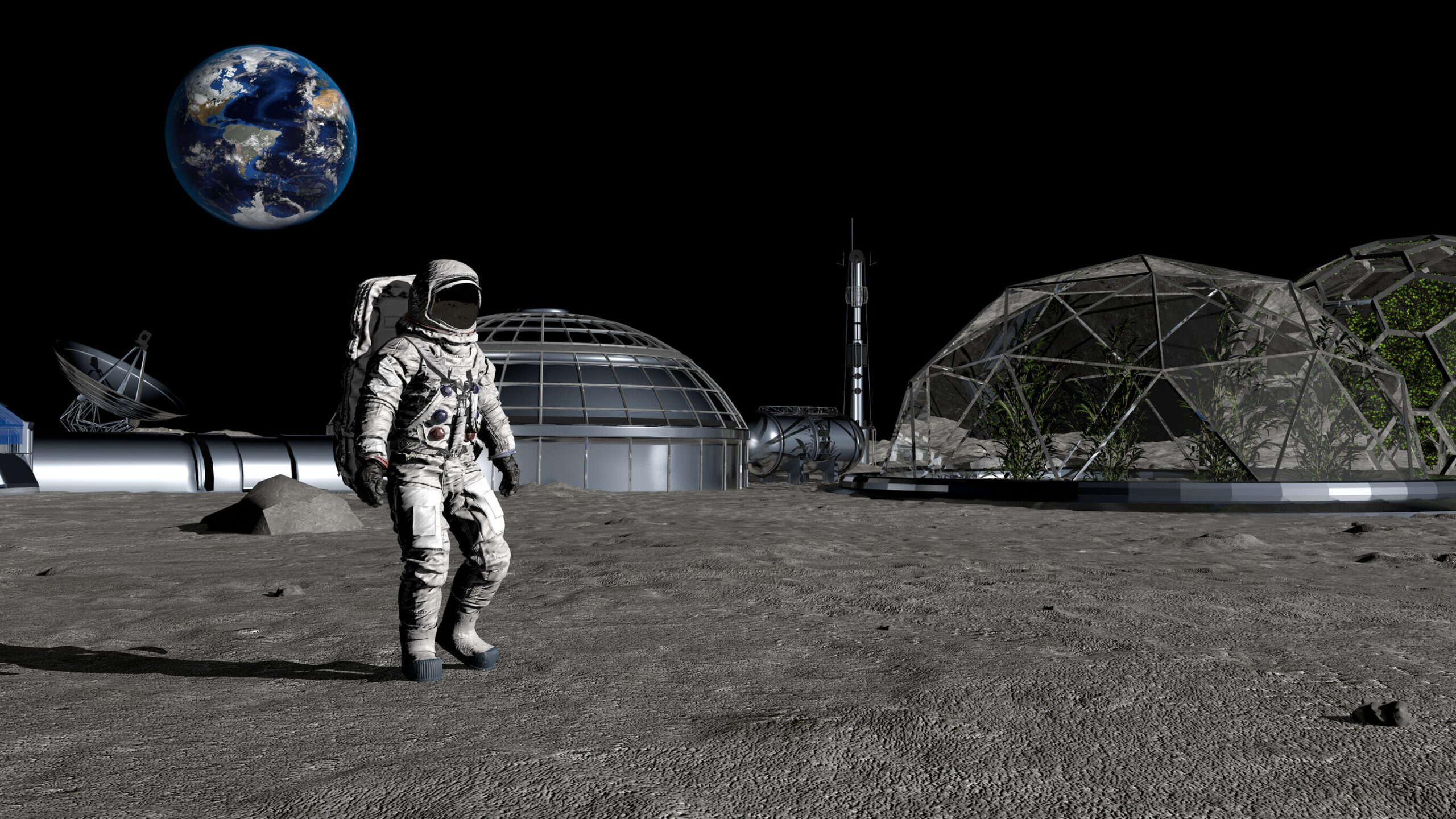 3D rendering. Sci-fi scene. The colony of the future on the moon. Astronaut walking on the moon. CG Animation. Elements of this image furnished by NASA.